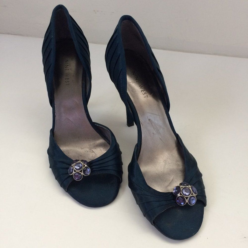 Nine West Teal Blue Embellished Peep Toe Heels 7.5